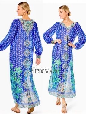Lilly Pulitzer Jupiter Silk Caftan Maxi Dress Blue Gold L/XL Resort Glam NWT